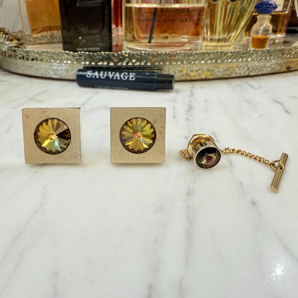 VTG Dante Multi color Gold Rivoli Cuff Links & Tie Tack - Picture 4 of 11